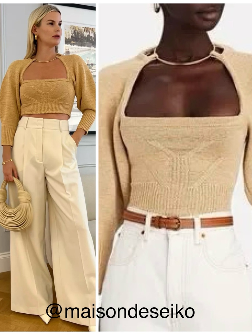 Cult Gaia Sweater Top Jamila Beige Knit Long Sleeve Torque Necklace size S